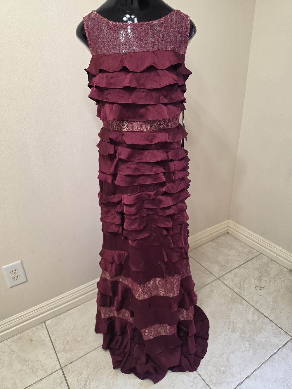 Adrianna Papell Burgundy Ruffle Lace Maxi Dress